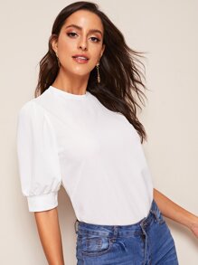 Keyhole Back Mock-neck Puff Sleeve Top