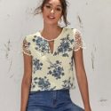 Keyhole Neck Guipure Lace Sleeve Floral Top