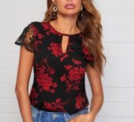 Keyhole Neck Guipure Lace Sleeve Floral Top