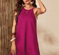 Keyhole Neck Tie Back Scallop Hem Laser Cut Halter Dress