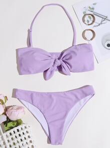 Knot Front Halter Bikini Swimsuit