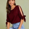 Knot Split Sleeve Pearls Beaded Top