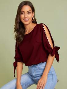 Knot Split Sleeve Pearls Beaded Top