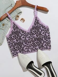 Lace Trim Leopard Knit Cami Top