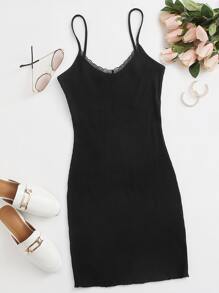 Lace Trim Rib-knit Bodycon Dress