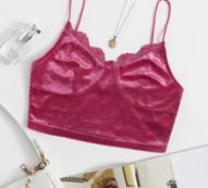 Lace Trim Velvet Crop Cami Top
