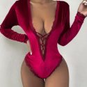 Lace Trim Velvet Plunging Teddy Bodysuit