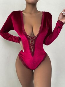 Lace Trim Velvet Plunging Teddy Bodysuit