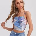 Lace Up Backless Patchwork Print Cami Top