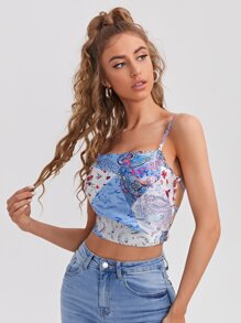 Lace Up Backless Patchwork Print Cami Top