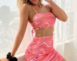 Lace Up Side Marble Crop Cami Top & Skirt Set