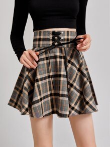 Lace-Up Waisted Plaid Skirt