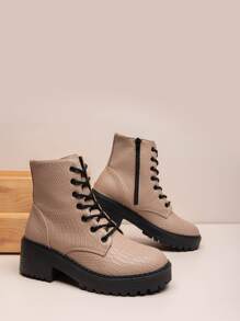 Lace-up Front Side Zipper Chunky Boots