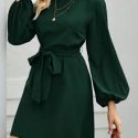 Lantern Sleeve Belted Tunic Dress