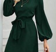 Lantern Sleeve Belted Tunic Dress