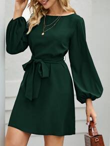 Lantern Sleeve Belted Tunic Dress