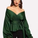 Lantern Sleeve Wrap Belted Peplum Blouse