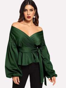 Lantern Sleeve Wrap Belted Peplum Blouse