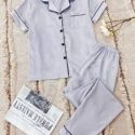 Lapel Collar Button Front Satin PJ Set