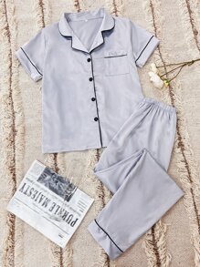 Lapel Collar Button Front Satin PJ Set