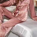 Lapel Neck Heart Jacquard Contrast Piping Satin PJ Set