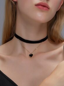 Layered Heart Charm Velvet Choker