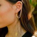 Leaf Detail Layered Chain Earrings With Ear Cuff 1pc