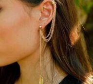 Leaf Detail Layered Chain Earrings With Ear Cuff 1pc