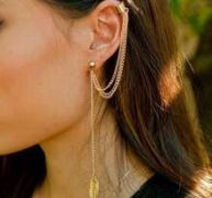 Leaf Detail Layered Chain Earrings With Ear Cuff 1pc
