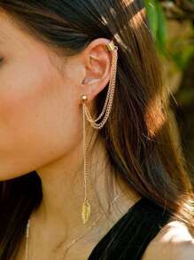 Leaf Detail Layered Chain Earrings With Ear Cuff 1pc