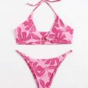 Leaf Graphic Ring Decor Halter Bikini Swimsuit