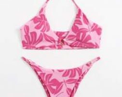 Leaf Graphic Ring Decor Halter Bikini Swimsuit