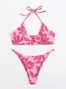 Leaf Graphic Ring Decor Halter Bikini Swimsuit