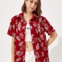 Leaf Print Button Front Blouse