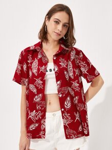 Leaf Print Button Front Blouse