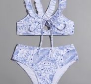 Leaf Print Frill Trim Bikini Swimsuit