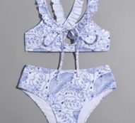 Leaf Print Frill Trim Bikini Swimsuit