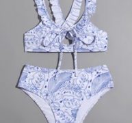 Leaf Print Frill Trim Bikini Swimsuit