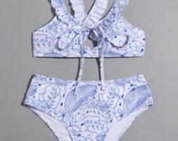 Leaf Print Frill Trim Bikini Swimsuit