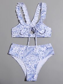 Leaf Print Frill Trim Bikini Swimsuit