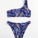 Leaf Print One Shoulder Bikini Swimsuit