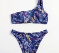 Leaf Print One Shoulder Bikini Swimsuit
