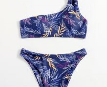 Leaf Print One Shoulder Bikini Swimsuit
