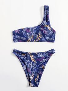 Leaf Print One Shoulder Bikini Swimsuit