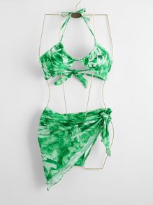 Leaf Print Tie Side Bikini Swimsuit & Beach Skirt