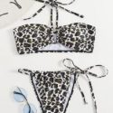 Leopard Drawstring Halter Bikini Swimsuit