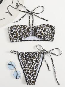 Leopard Drawstring Halter Bikini Swimsuit