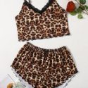 Leopard Lace Insert Lettuce Trim Pajama Set