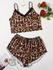 Leopard Lace Insert Lettuce Trim Pajama Set