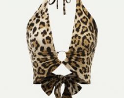 Leopard Plunge Crop Halter Top